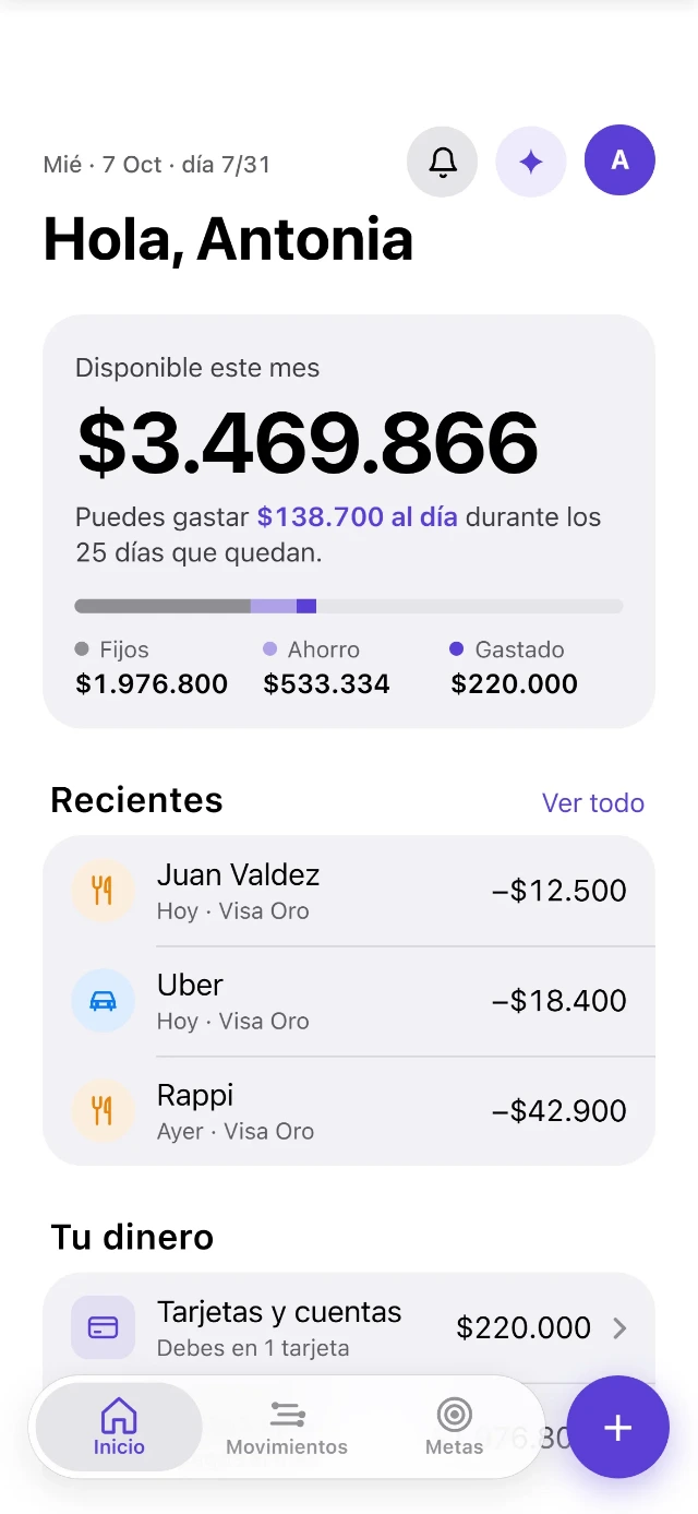 Inicio de FinWise: disponible del mes, cuánto puedes gastar al día y tus gastos recientes