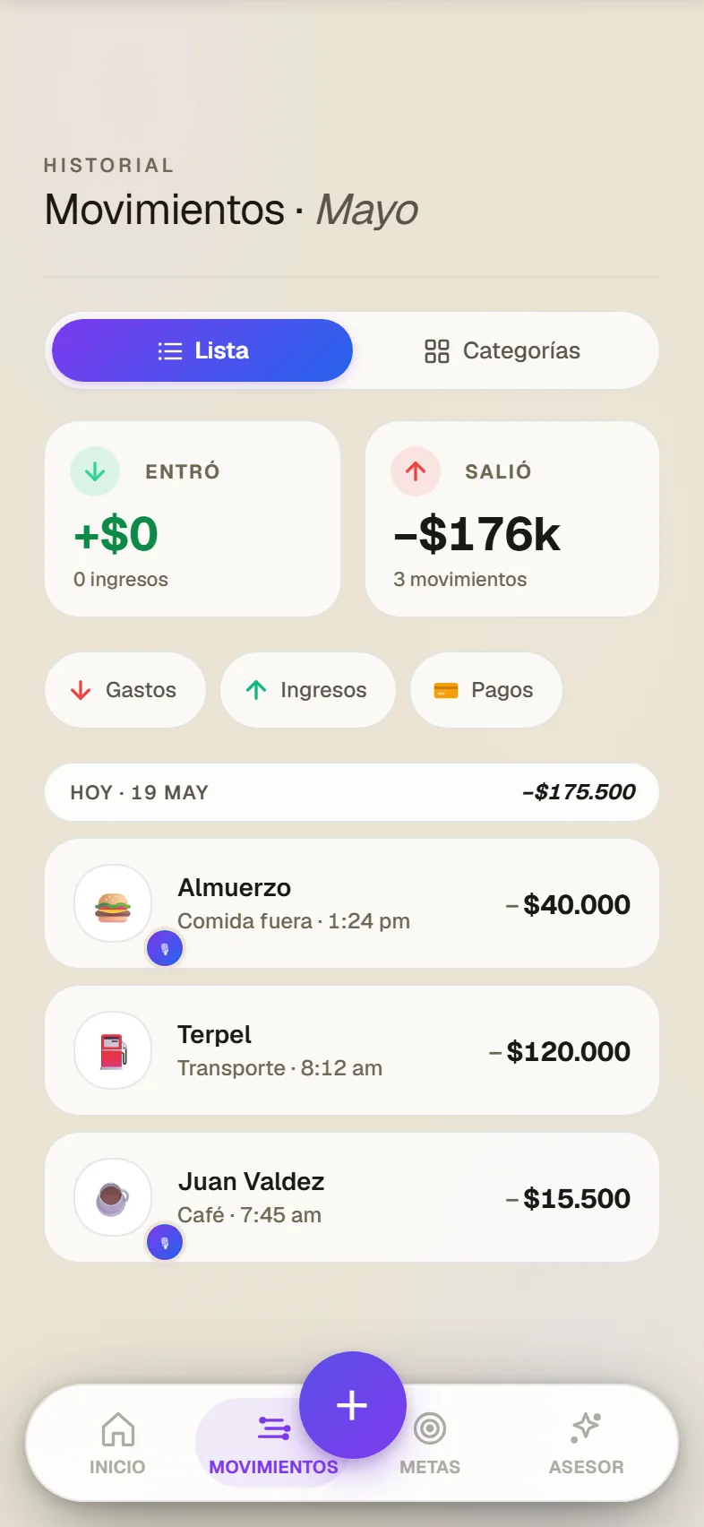 Timeline de movimientos en FinWise